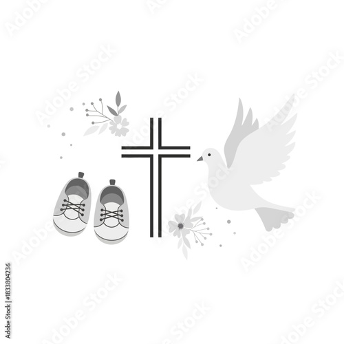 Christian baptism symbol with cross dove and baby shoes.