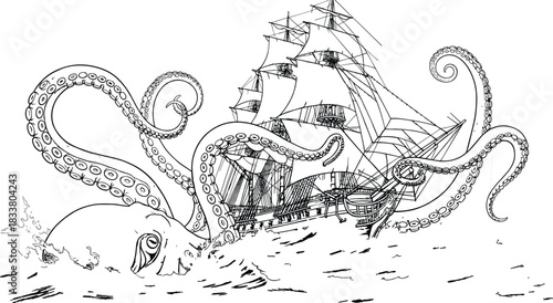 Hand-drawn vector illustration of a massive mythological kraken sea monster with tentacles attacking a large three-masted sailing ship in a rough ocean storm