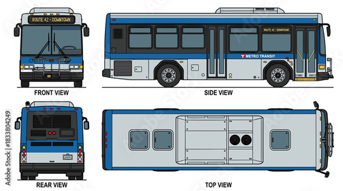 Orthographic views of a public transit bus, including front, side, rear, and top perspectives.