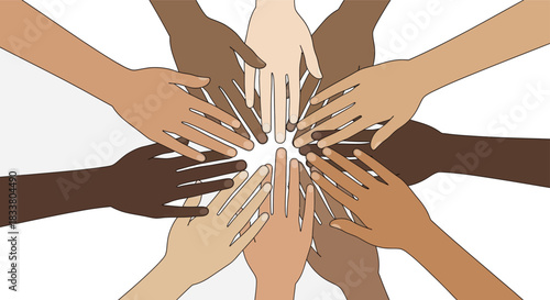 Diverse hands united together creating a starburst shape representing unity community and global connection with different skin tones isolated on white background