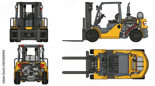 Orthographic projection of a yellow forklift truck showing front, back, side, and top views.