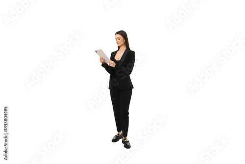 Businesswoman using a tablet, isolated on white, PNG