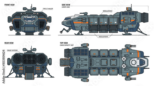 Detailed technical illustration of a spacecraft, showcasing front, side, top, and rear views.