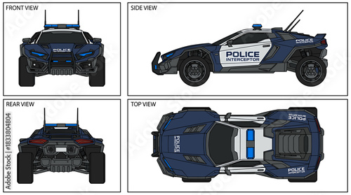 Four-view illustration of a futuristic police vehicle with blue and white color scheme.