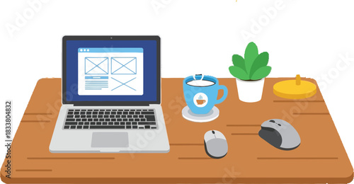 Modern desk setup with laptop plant lamp mouse and organizer illuminating workspace for productivity and technology focused work isolated on white background