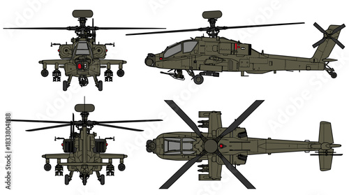 Technical illustration of a military attack helicopter shown from four different orthographic views.