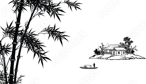Traditional Chinese ink wash painting illustration featuring lush bamboo stalks and a house on a small island with a man rowing a boat in a classic Asian landscape