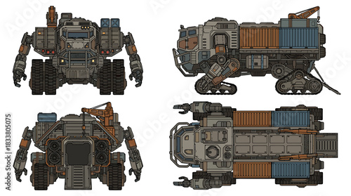 Detailed illustration of futuristic vehicles with tracks, featuring a heavy-duty transport and a construction vehicle with robotic arms.