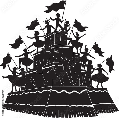 Silhouette of a festive parade float with dancers and flags