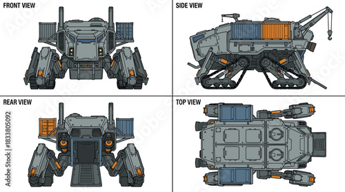Detailed blueprint views of a futuristic heavy-duty cargo and construction vehicle with multiple legs and tracks, shown from front, side, rear, and top perspectives.