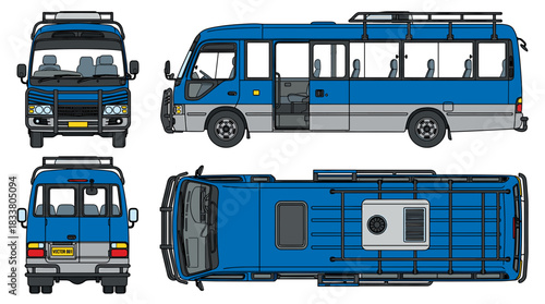 Orthographic views of a blue and silver passenger bus with luggage racks on the roof, showing front, side, rear, and top perspectives.