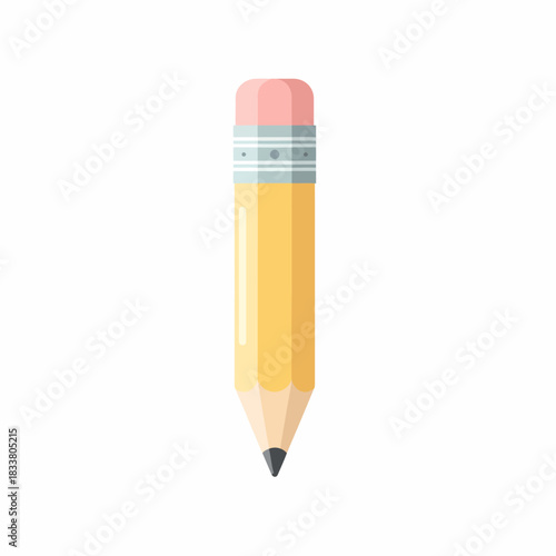 A simple flat vector illustration of a yellow wooden pencil with a pink eraser and a sharpened graphite tip on a white background.