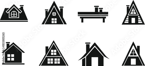 Set of various black roof and chimney icons, including A-frame and gabled styles, representing house, home, cottage, and residential architecture vector illustrations