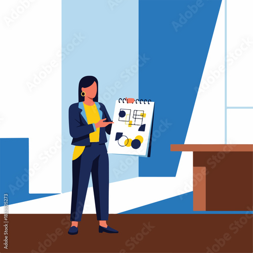 Creative Designer Presenting Concept Sketches in Minimal Studio – Flat Vector Illustration