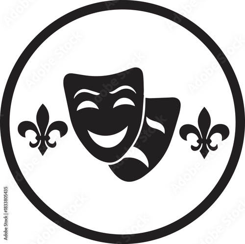 Classic theater masks of comedy and tragedy within a circular frame with fleur de lis emblems