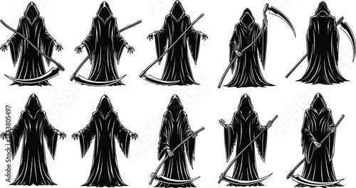 Collection of ten terrifying Grim Reaper illustrations, death characters in hooded cloaks holding scythes, representing Halloween, darkness, and spooky horror concepts