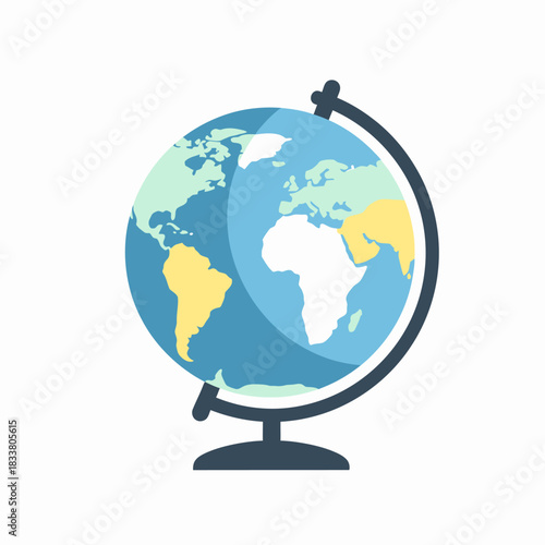 A colorful illustration of a globe showing continents and oceans on a stand, representing geography and education.