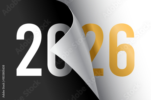 Modern vector graphic showing the turning of a paper page to reveal the elegant gold and white numbers for the New Year 2026.