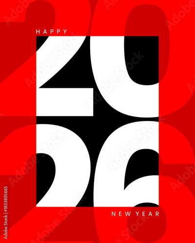 Visually striking and modern New Year 2026 vector graphic featuring bold, white numbers within a central black square framed by a vibrant red background.