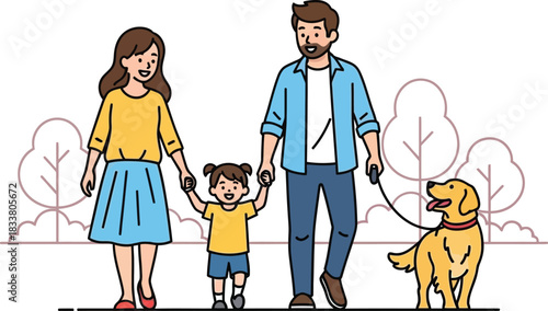 Happy family walking their dog outdoors in a park scene with trees and subtle background elements isolated on white background