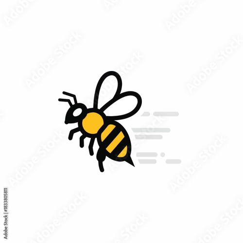 Flying bee illustration with black and yellow stripes on white background.