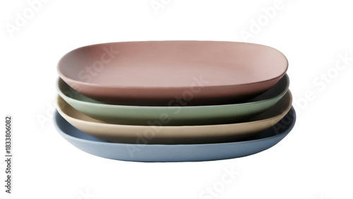 Stack of colorful ceramic plates isolated PNG, pastel tableware for modern dining and kitchen decor on transparent background