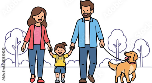 Happy family with child and golden retriever dog walking together outdoors among trees in a park scene isolated on white background