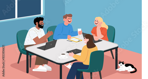 Business team working at home. People talking about a new project. Work from home. Teamwork. Freelance. Flat style characters vector illustration.