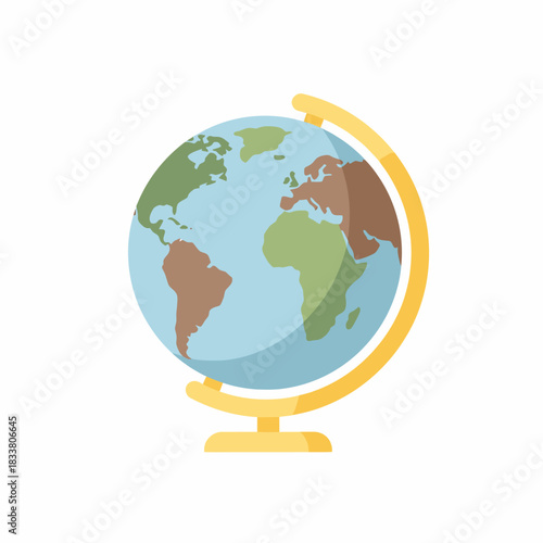 A colorful illustration of a globe showing continents and oceans, mounted on a yellow stand.
