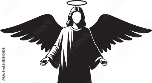 Black silhouette of an angel with wings and halo standing