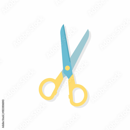 A simple illustration of a pair of open scissors with yellow handles and blue blades, casting a soft shadow.
