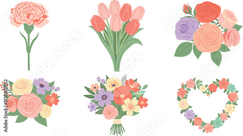 Collection of six beautiful floral arrangements and bouquets in soft pastel colors