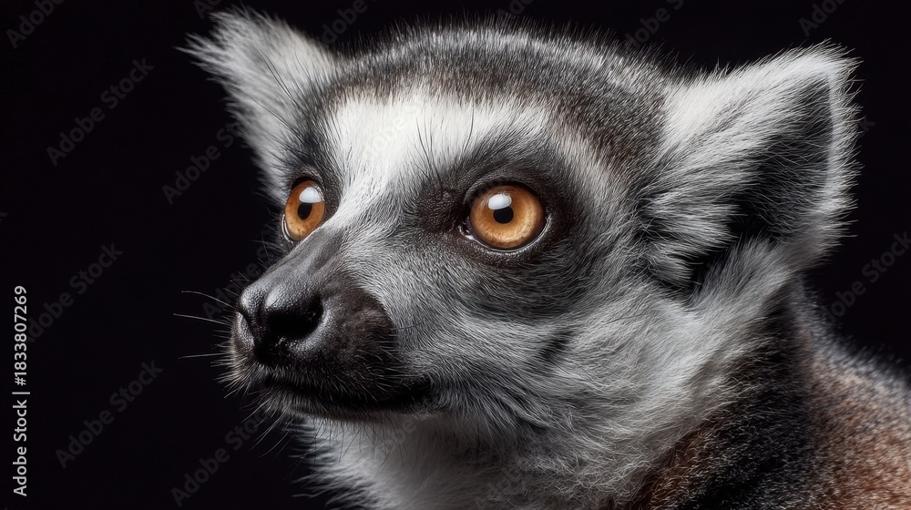 Naklejka premium A lemur with large expressive eyes looks directly at the viewer. The animal's furry face contrasts with the dark background highlighting its unique features.