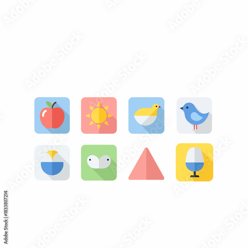 A collection of eight flat design icons, each enclosed in a square with a soft shadow, featuring various objects and symbols.