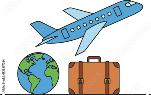 Airplane soaring above earth globe and vintage suitcase symbolizing global travel tourism and adventure vacation holiday journeys isolated on white background