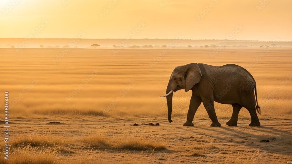 Fototapeta premium Majestic African elephant walking across a vast golden savanna at sunrise, showcasing the serene beauty of the wilderness