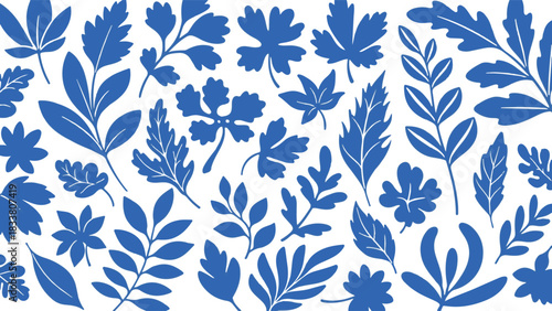 Blue leaf and branch silhouettes on white background
