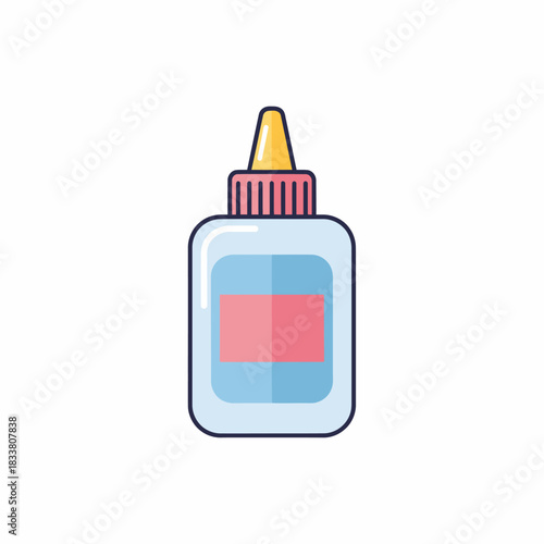 A simple cartoon illustration of a light blue glue bottle with a pink label and yellow cap.