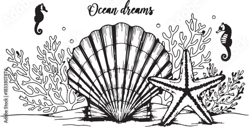 Hand Drawn Ocean Life With Seashell and Starfish seahorse