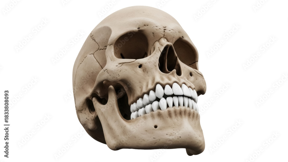 Obraz premium Human skull isolated PNG on transparent background, anatomical model with teeth and bone structure, medical study and Halloween concept