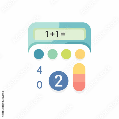 A colorful and minimalist calculator interface displaying a simple addition problem and its answer.