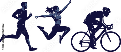 Silhouettes of athletes running jumping and cycling