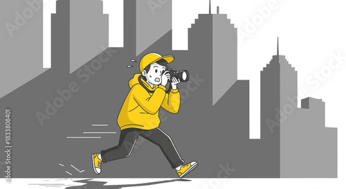 A determined individual in a striking yellow jacket and cap dashes through a monochrome urban environment, holding a camera with an intense, focused gaze.