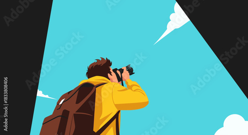 A curious traveler with a backpack uses binoculars to observe the vast blue sky, framed by dark foreground elements, symbolizing discovery and adventure.