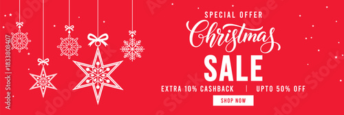 Festive red Christmas sale banner with hanging snowflake ornaments and baubles, elegant Christmas typography, special offer promotion with cashback and discount, ideal for holiday marketing and online