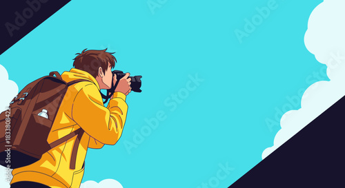 An animated young man in a yellow hoodie and backpack is focused on taking a photograph with his professional camera, set against a vibrant blue sky.