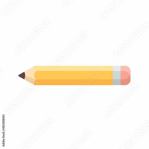 A simple yellow wooden pencil with a sharpened tip and a pink eraser on a white background, depicted in a flat design style.