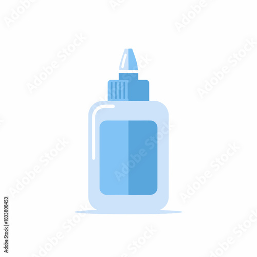 A simple flat design illustration of a light blue bottle with a dispenser cap, typically used for glue or other liquid adhesives.