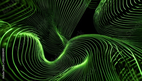 Abstract flowing lines of vibrant green light create a mesmerizing organic pattern against a dark background