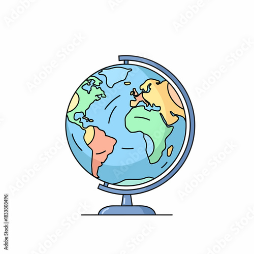 A cartoon illustration of a colorful world globe on a stand, depicting continents and oceans.
